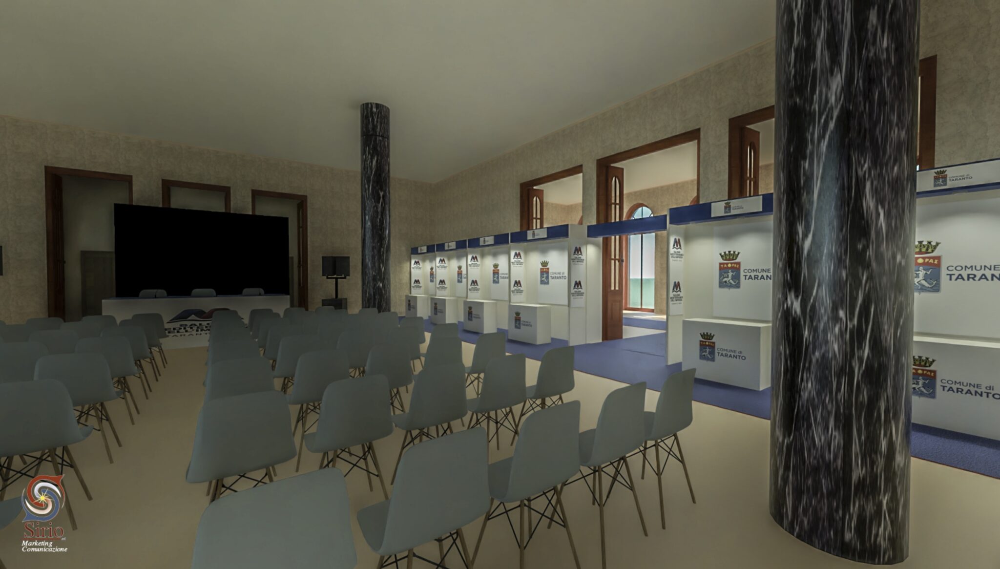 Dettaglio delle sedute e delle colonne nella sala principale